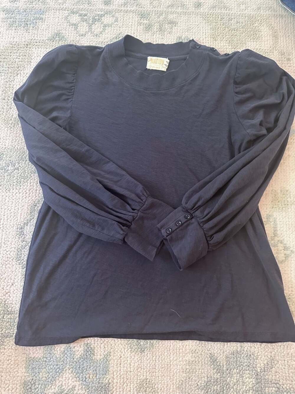 M - Nation LTD Deep Blue 3/4 Sleeve Crewneck Top Puff Shoulders + Button Cuffs